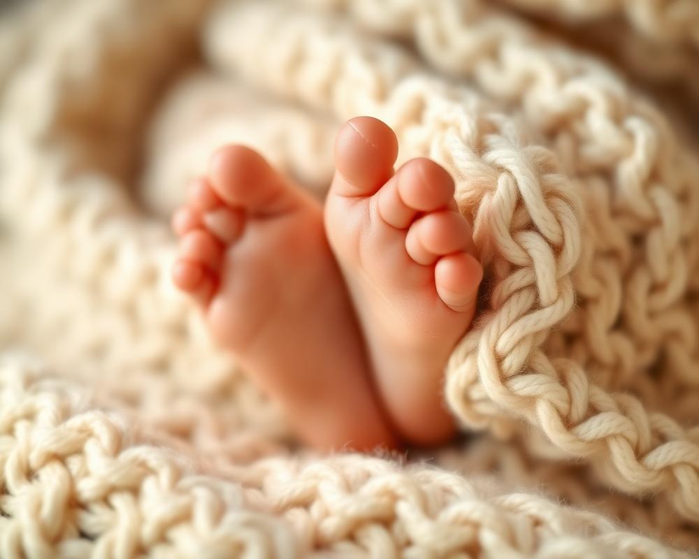 Newborn baby feet wrapped in a cream knitted blanket