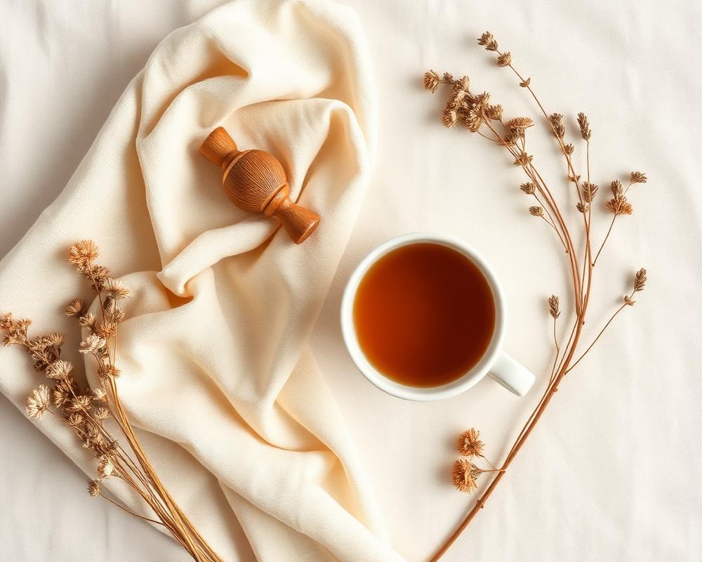 Flat lay of muslin cloth, wooden teether and a mug of tea