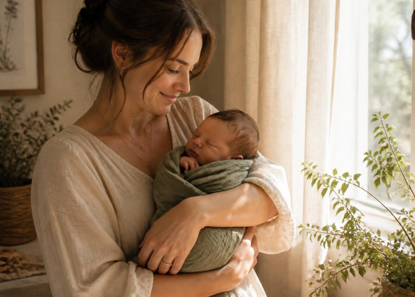 A mother holding her sleeping newborn beside a sunlit window